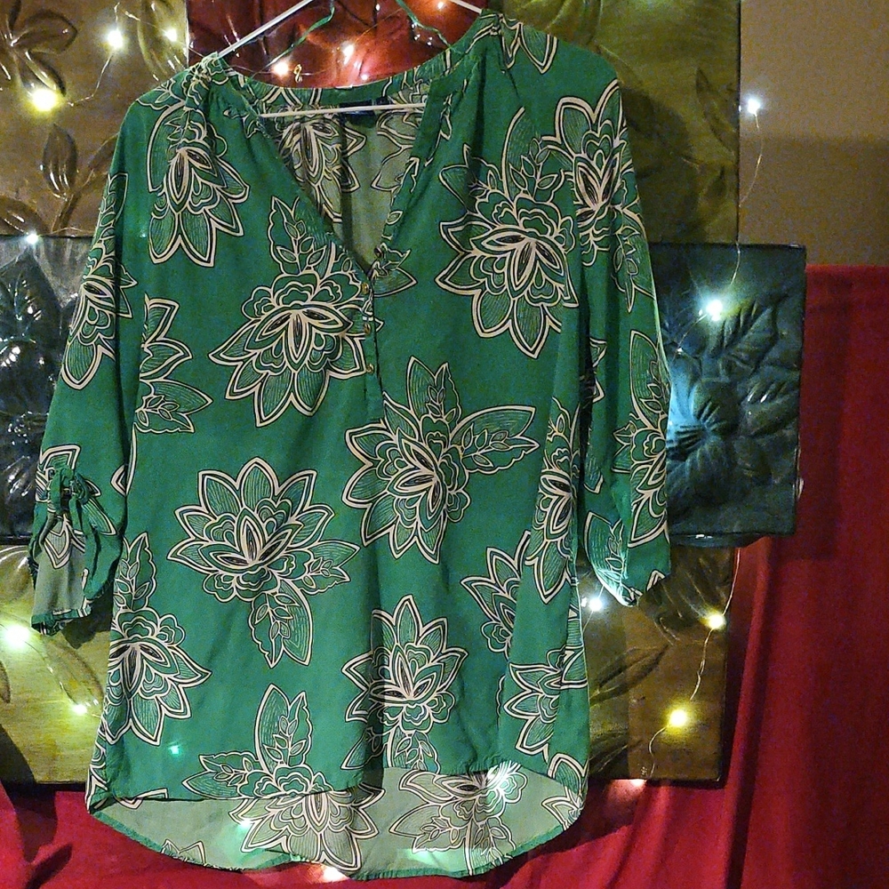 EUC Kaari Blue Green Floral Blouse With Tie Sleeves And Gold Buttons
